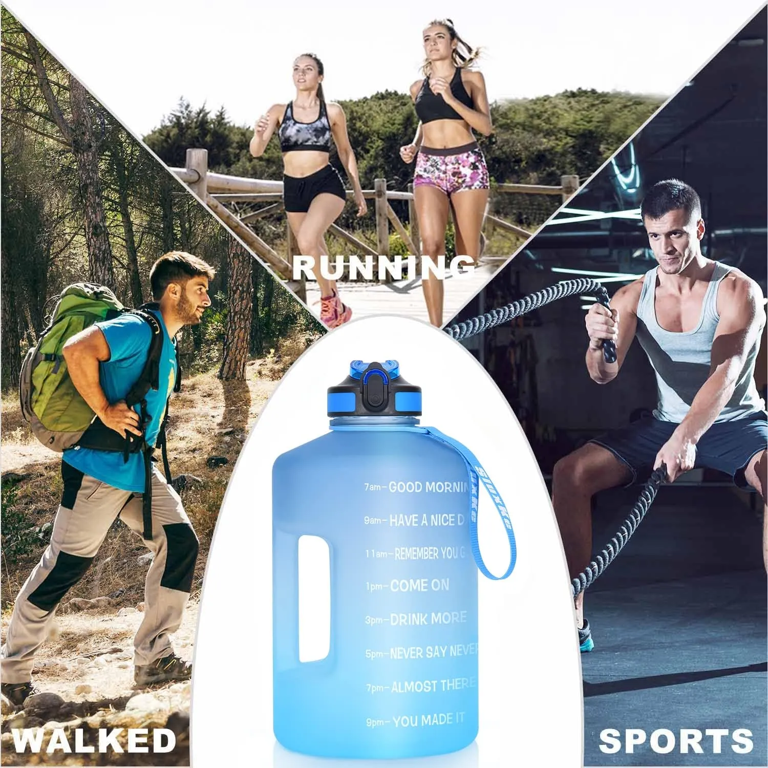 1 Gallon Motivational Sports Water Bottle with Time Marker, BPA Free 128oz Leak Proof Jug, Black, Plastic, 128 ounces, Fitness, Sports, Outdoor Activities