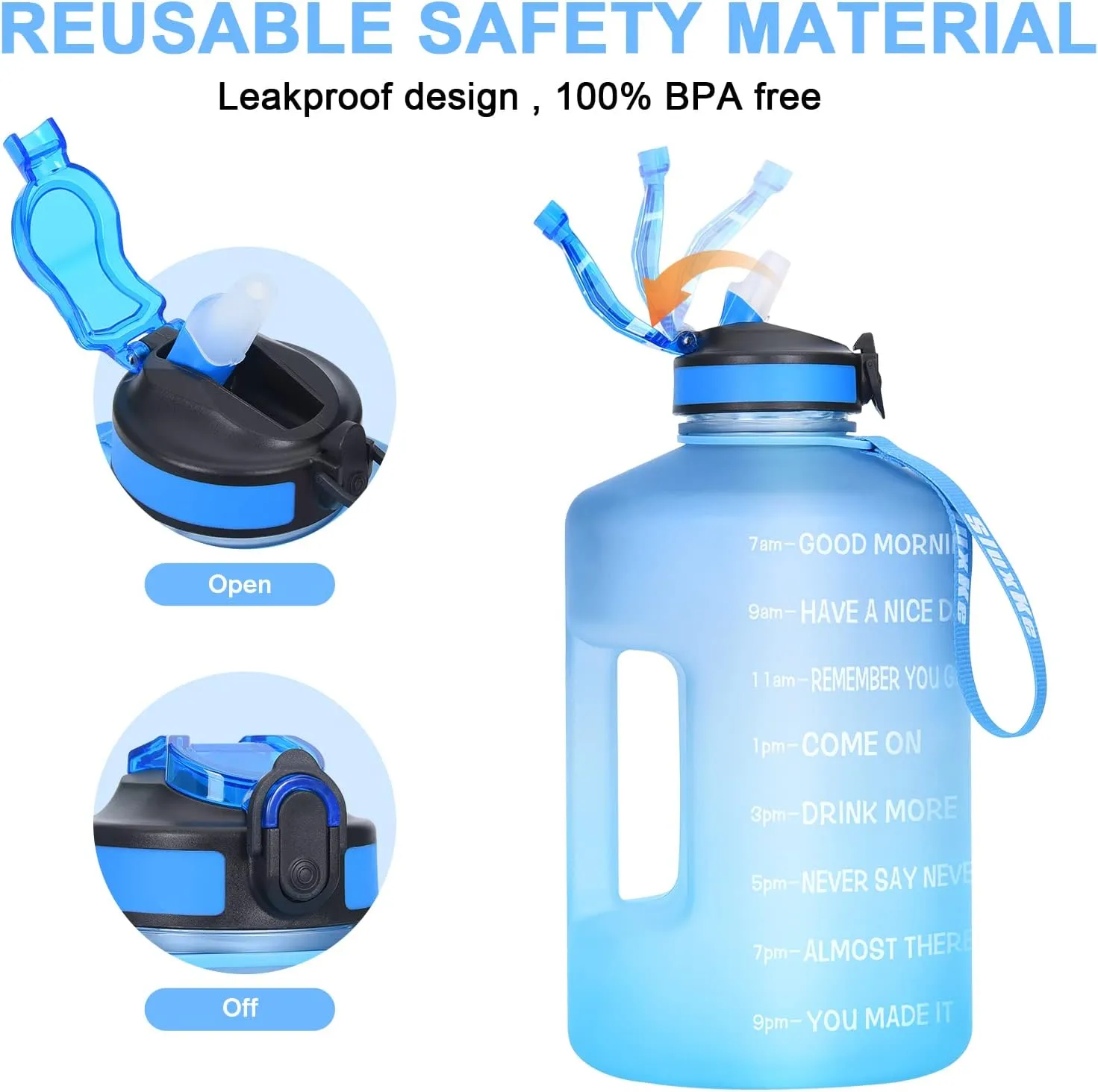 1 Gallon Motivational Sports Water Bottle with Time Marker, BPA Free 128oz Leak Proof Jug, Black, Plastic, 128 ounces, Fitness, Sports, Outdoor Activities