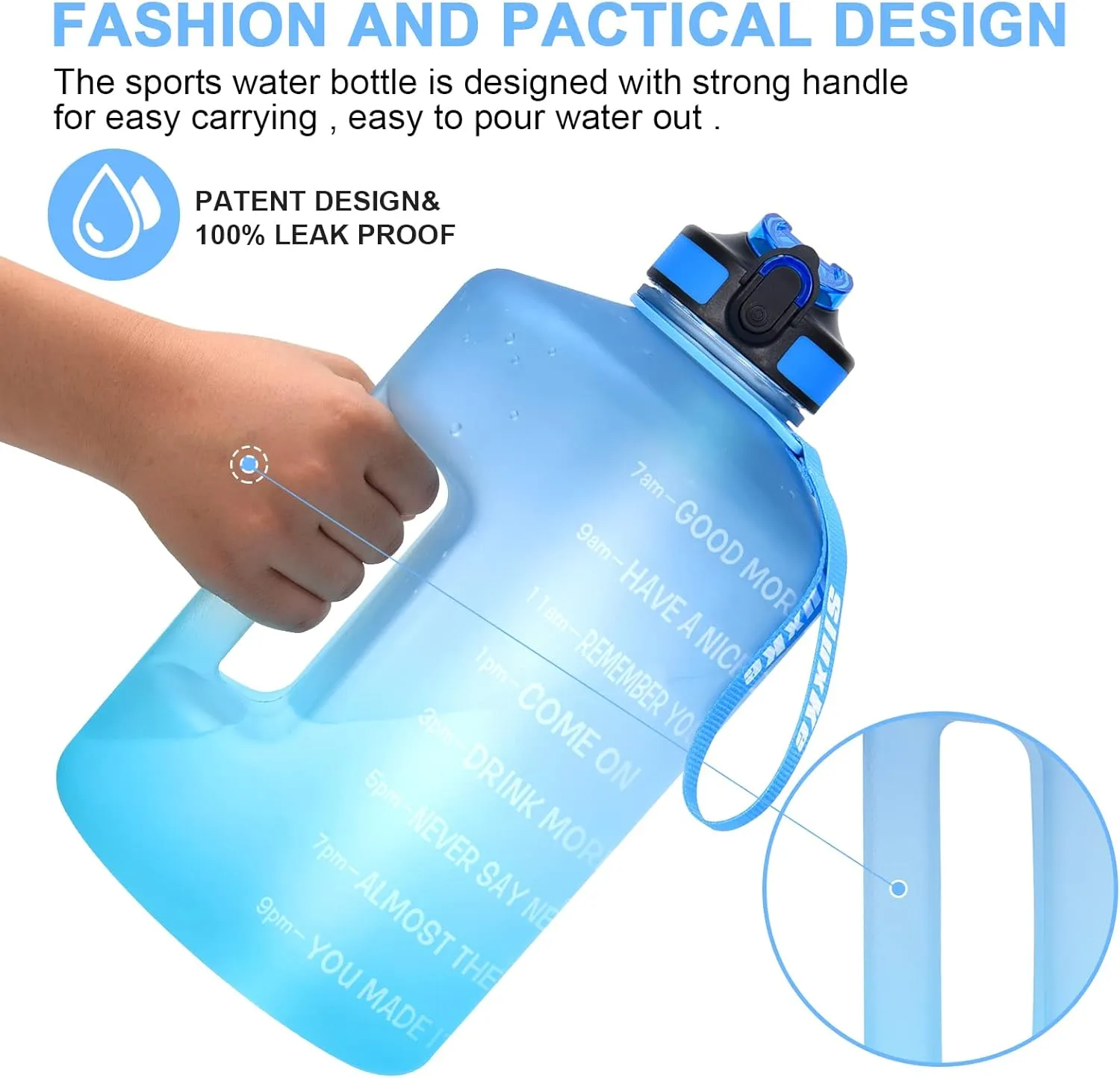 1 Gallon Motivational Sports Water Bottle with Time Marker, BPA Free 128oz Leak Proof Jug, Black, Plastic, 128 ounces, Fitness, Sports, Outdoor Activities