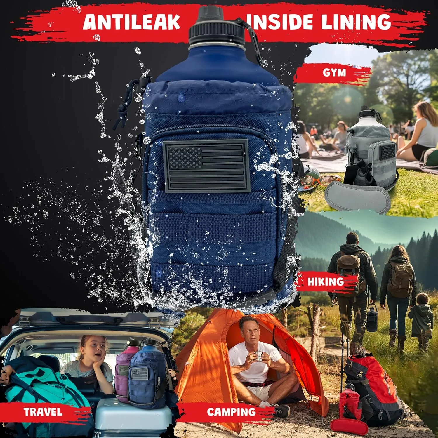 1 Gallon Water Bottle Jug - 128 Oz Insulated Stainless Steel Metal Water Bottle with Holder - Carrying Bag - Spout Handle - Straw Lids - Keep Cold & Hot - Blue Tactical Flask