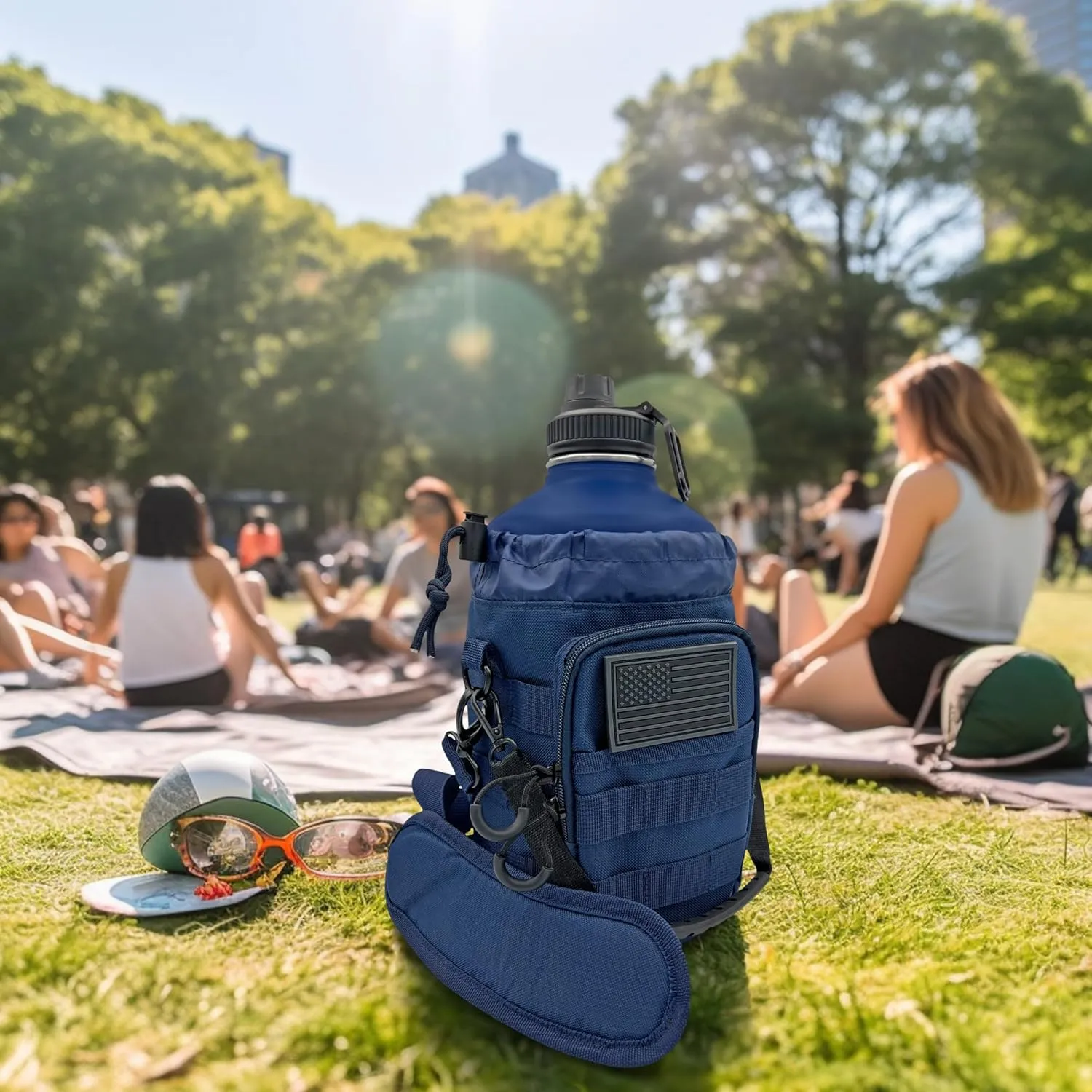 1 Gallon Water Bottle Jug - 128 Oz Insulated Stainless Steel Metal Water Bottle with Holder - Carrying Bag - Spout Handle - Straw Lids - Keep Cold & Hot - Blue Tactical Flask