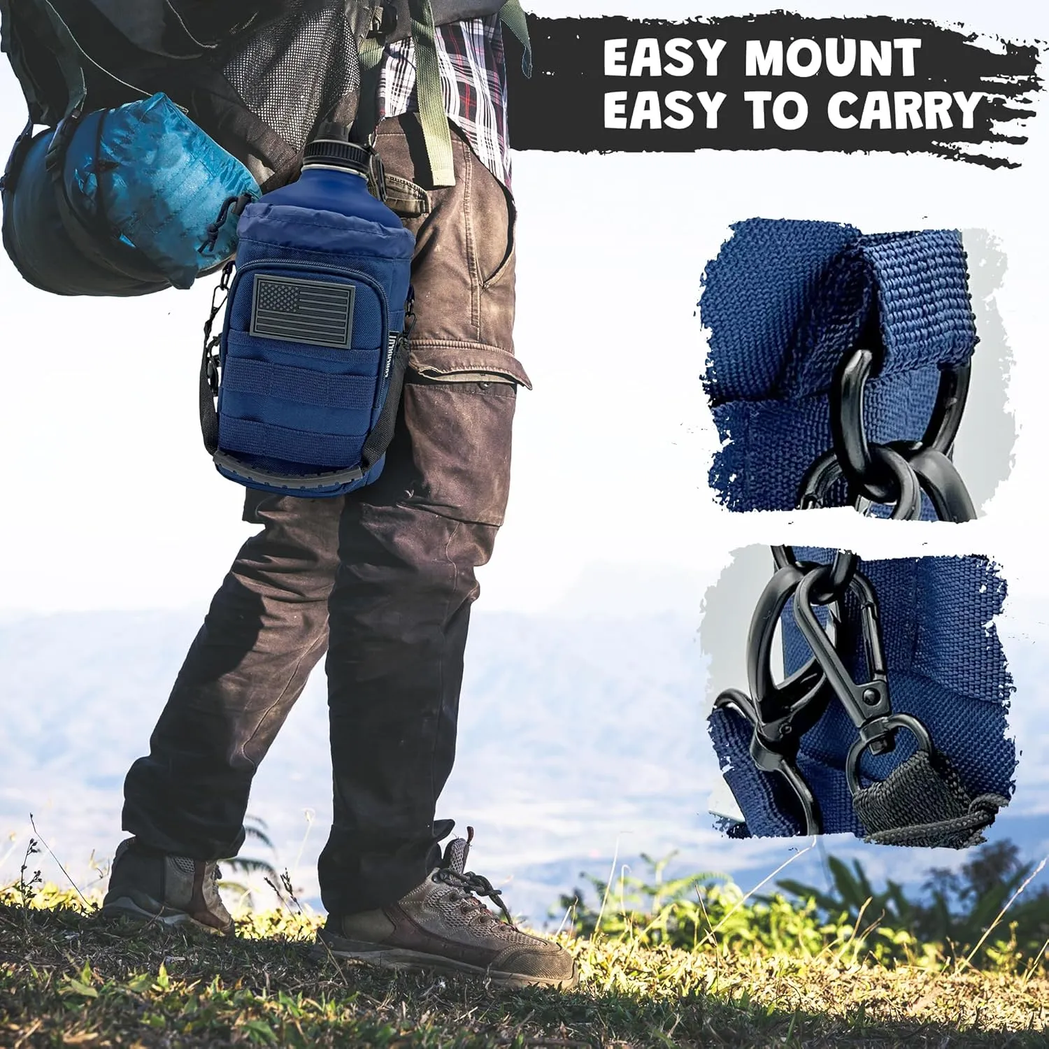 1 Gallon Water Bottle Jug - 128 Oz Insulated Stainless Steel Metal Water Bottle with Holder - Carrying Bag - Spout Handle - Straw Lids - Keep Cold & Hot - Blue Tactical Flask