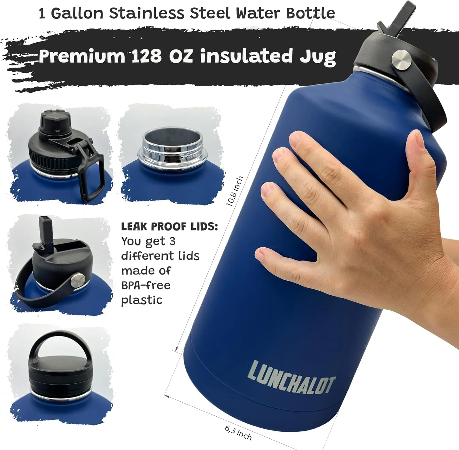 1 Gallon Water Bottle Jug - 128 Oz Insulated Stainless Steel Metal Water Bottle with Holder - Carrying Bag - Spout Handle - Straw Lids - Keep Cold & Hot - Blue Tactical Flask