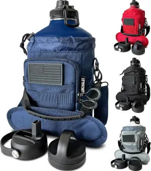 1 Gallon Water Bottle Jug - 128 Oz Insulated Stainless Steel Metal Water Bottle with Holder - Carrying Bag - Spout Handle - Straw Lids - Keep Cold & Hot - Blue Tactical Flask