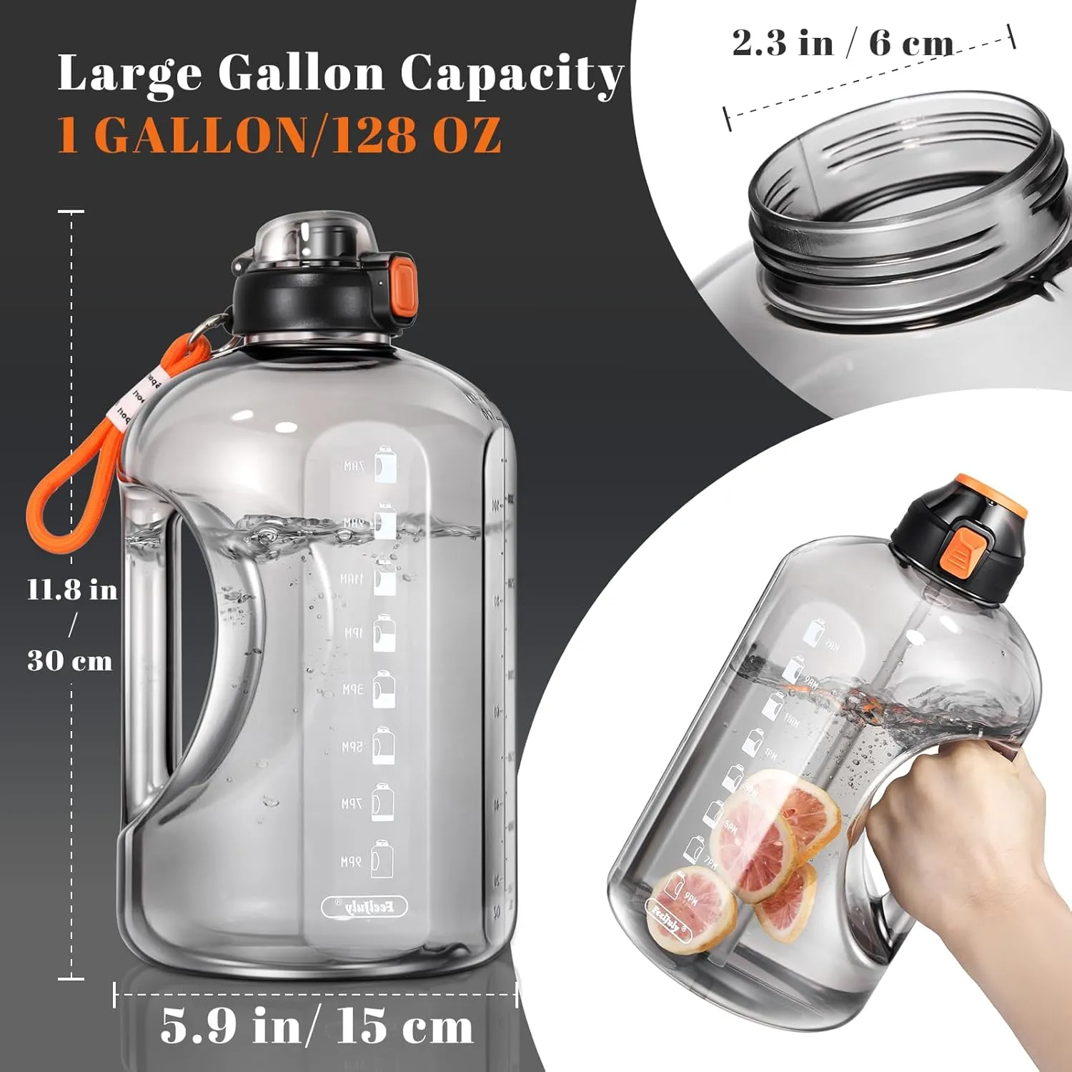 1 Gallon Water Bottle with Straw, 128 oz Large Water Jug with Times to Drink, Reusable Leak Proof with Handle, 2 Lids BPA Free Big Sports Bottles for Fitness Gym Camping (Grey, 128 Ounces)