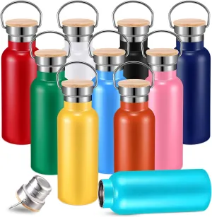 10 Pcs Stainless Steel Sports Water Bottles Bulk 17oz Double Wall Insulated Bottle with Handle and Wooden Leakproof Lid Metal Water Bottle Outdoor for Cyclist Runner Hiker DIY Gift, 10 Colors