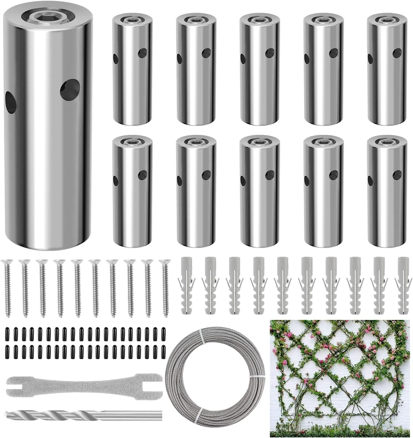 10 Sets Cylindrical Hubs,Wall Trellis Kits System, Wire Trellis for Climbing Plants Outdoor, with 53Ft x 1/8" Wire Rope, T316 Stainless Steel Heavy Duty Cable Trellis System,WT002
