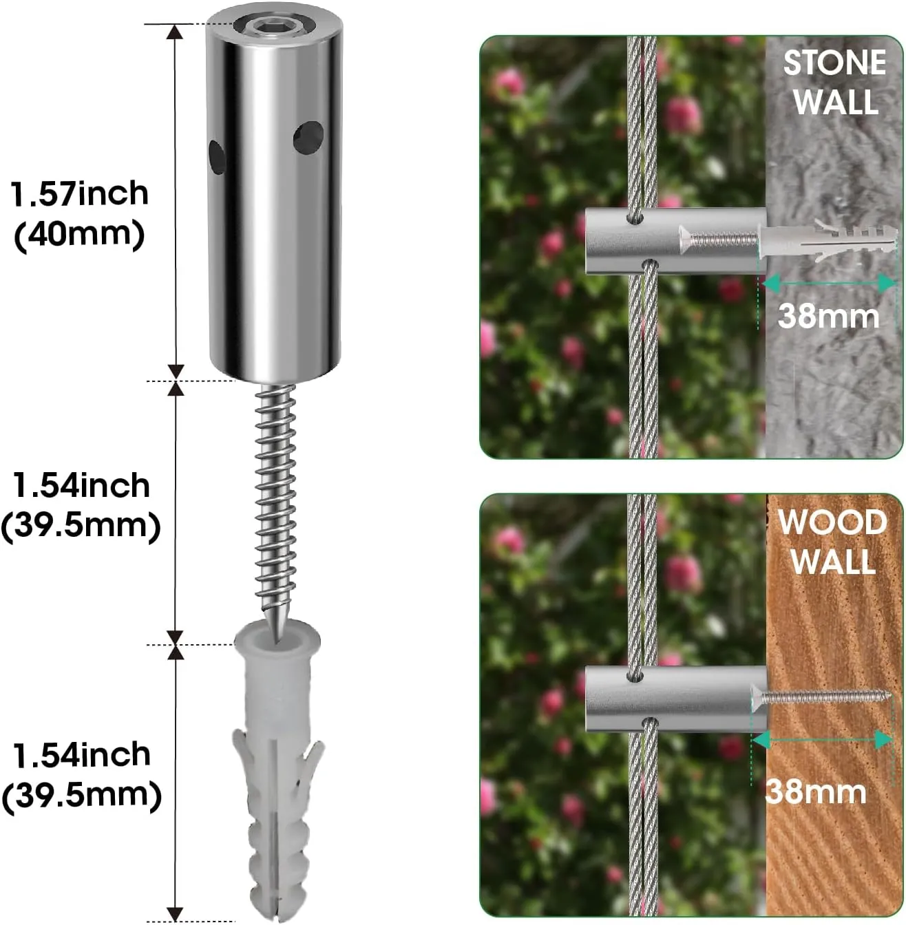 10 Sets Cylindrical Hubs,Wall Trellis Kits System, Wire Trellis for Climbing Plants Outdoor, with 53Ft x 1/8" Wire Rope, T316 Stainless Steel Heavy Duty Cable Trellis System,WT002
