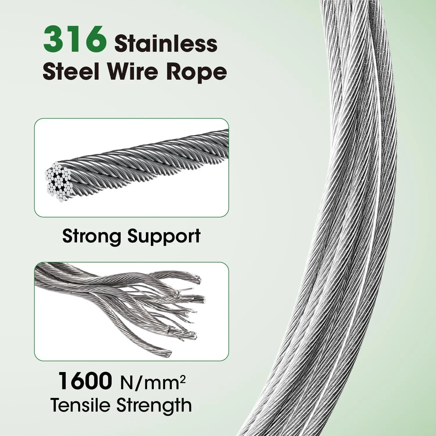 10 Sets Cylindrical Hubs,Wall Trellis Kits System, Wire Trellis for Climbing Plants Outdoor, with 53Ft x 1/8" Wire Rope, T316 Stainless Steel Heavy Duty Cable Trellis System,WT002