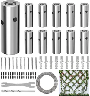 10 Sets Cylindrical Hubs,Wall Trellis Kits System, Wire Trellis for Climbing Plants Outdoor, with 53Ft x 1/8" Wire Rope, T316 Stainless Steel Heavy Duty Cable Trellis System,WT002