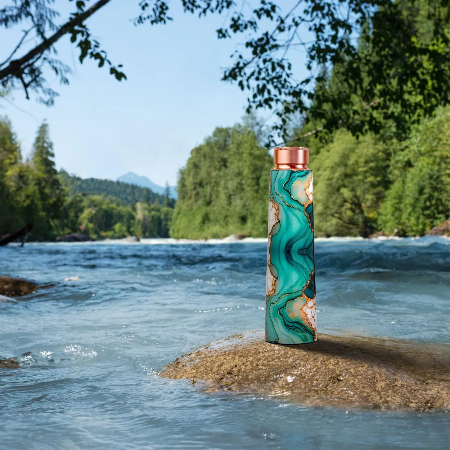 100% Copper Water Bottle – Handcrafted Ayurvedic Bottle with Elegant Malachite Marble Finish – BPA-Free, Leak-Proof, 32Oz- For Healthy Hydration