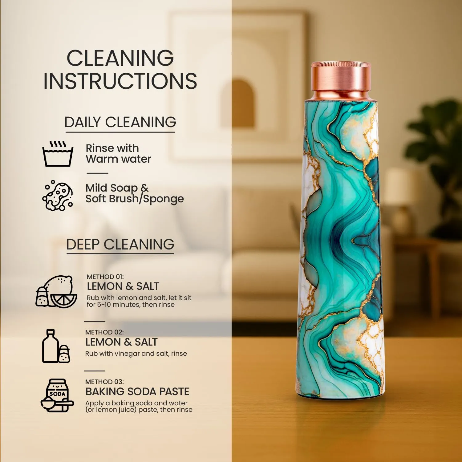 100% Copper Water Bottle – Handcrafted Ayurvedic Bottle with Elegant Malachite Marble Finish – BPA-Free, Leak-Proof, 32Oz- For Healthy Hydration