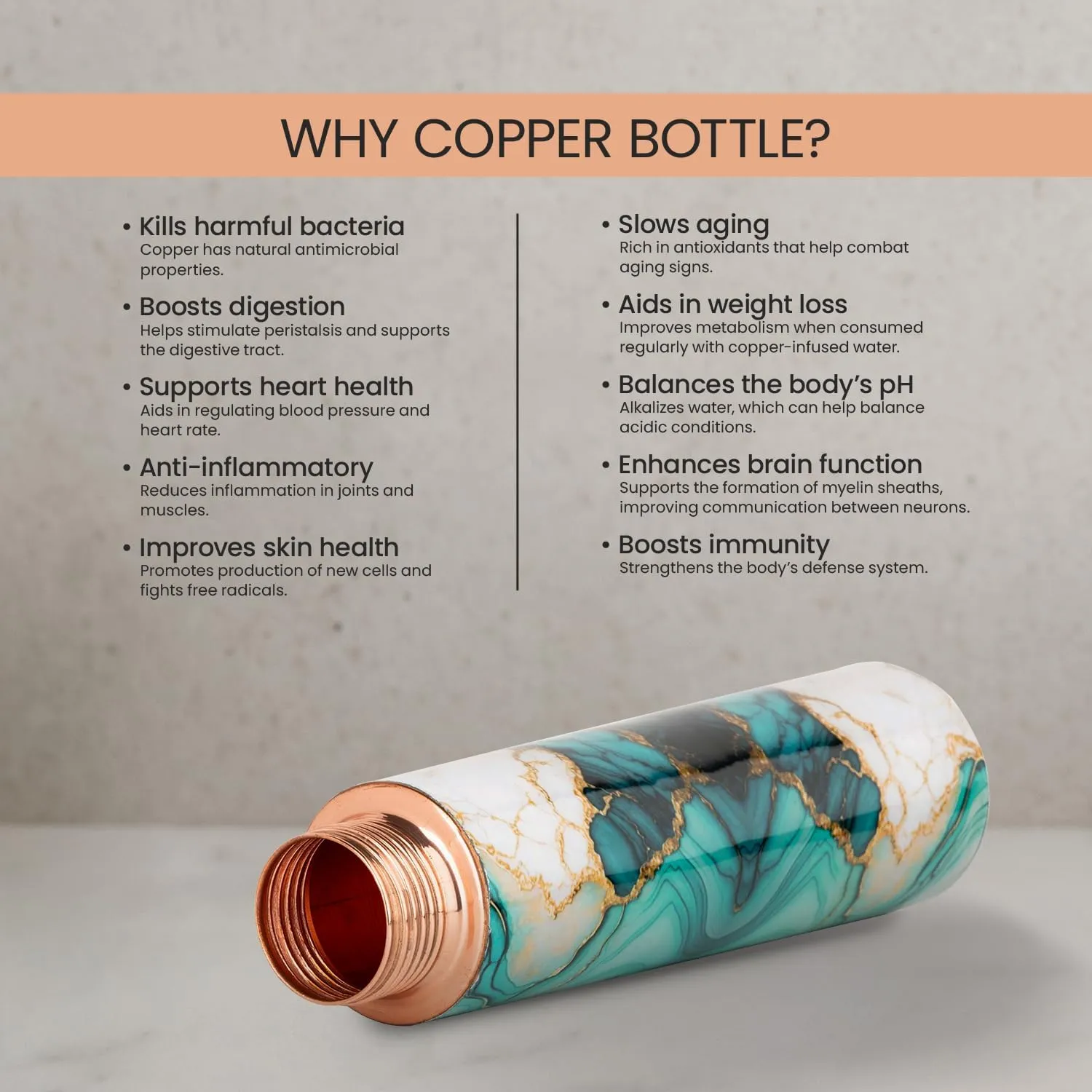 100% Copper Water Bottle – Handcrafted Ayurvedic Bottle with Elegant Malachite Marble Finish – BPA-Free, Leak-Proof, 32Oz- For Healthy Hydration