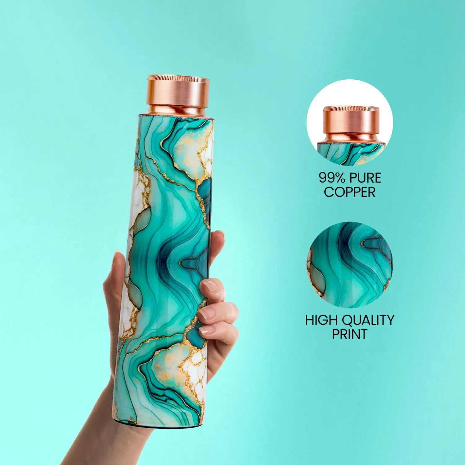 100% Copper Water Bottle – Handcrafted Ayurvedic Bottle with Elegant Malachite Marble Finish – BPA-Free, Leak-Proof, 32Oz- For Healthy Hydration