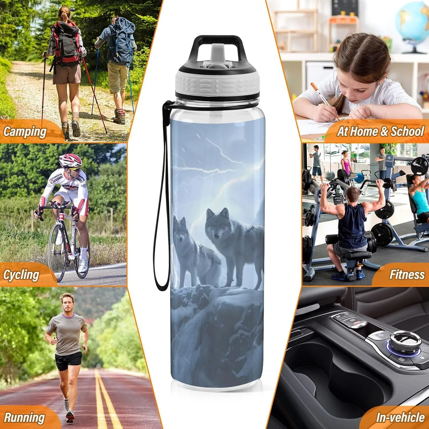 1000 ML Sports Water Bottle with Straw, Sports Wolves and One Big Eagle Reusable Water Bottle Leak Proof,BPA Free,Tritan Drink Bottle with Straw for Office,School,Gym,Outdoor