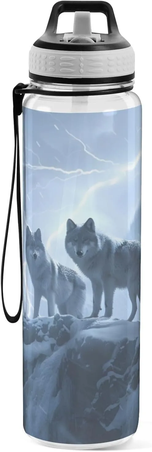 1000 ML Sports Water Bottle with Straw, Sports Wolves and One Big Eagle Reusable Water Bottle Leak Proof,BPA Free,Tritan Drink Bottle with Straw for Office,School,Gym,Outdoor