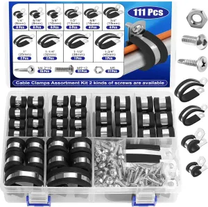 111 Pcs Cable Clamps - 10 Size Pipe Clamps Assortment Kit 304 Stainless Steel Rubber Cushion Wire Clamp 1/4" 5/16" 3/8" 1/2" 5/8" 3/4" 1" 1-1/4" 1-1/2" Metal P Clamp for Securing Cables and Hoses