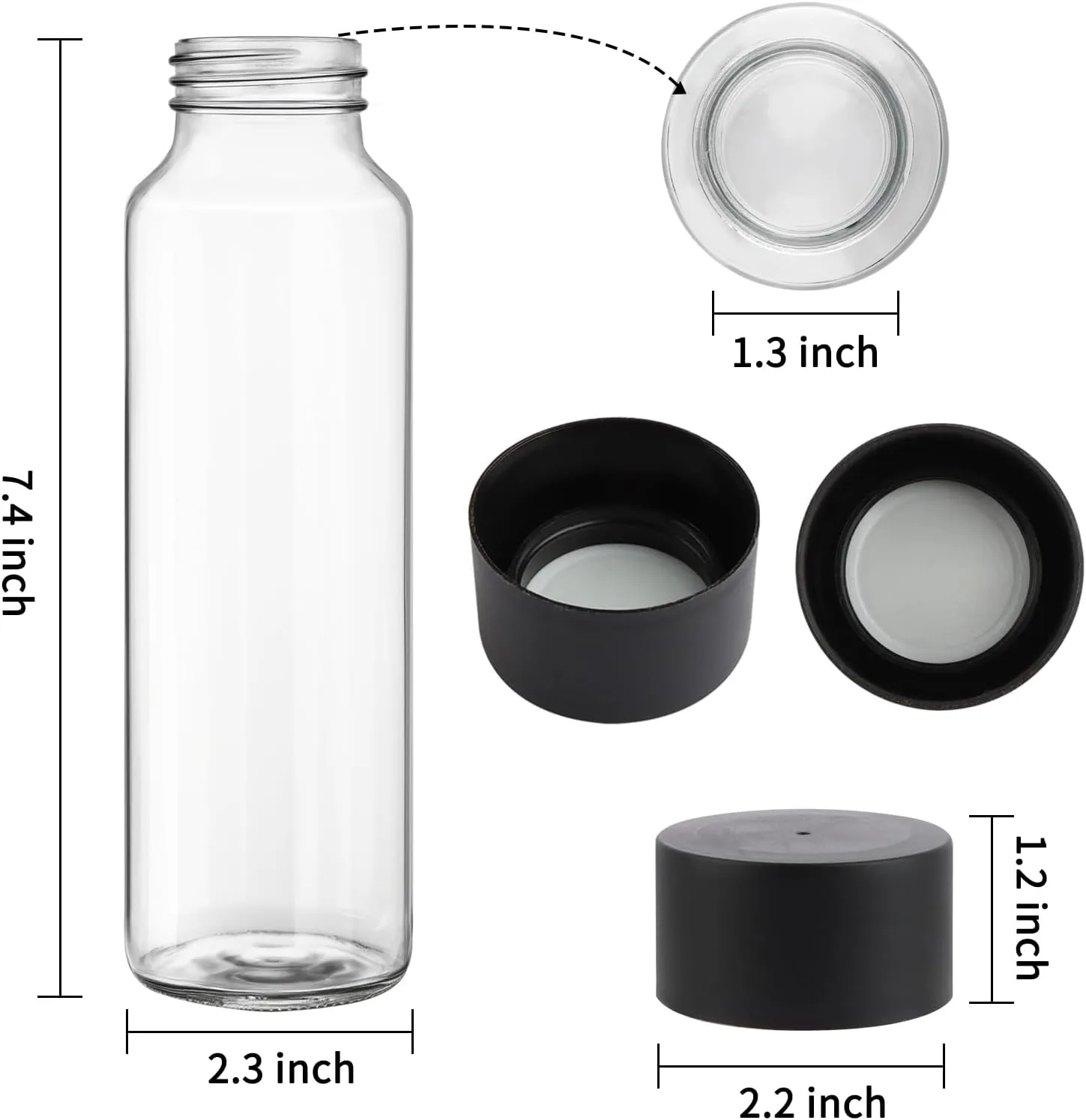 12 Pack 12oz Glass Water Bottles, 350ml Empty Glass Drink Bottles with Black Lids, Brush & Labels, Clear Reusable Juice Bottles for Juicing, Homemade Smoothies, Beverages