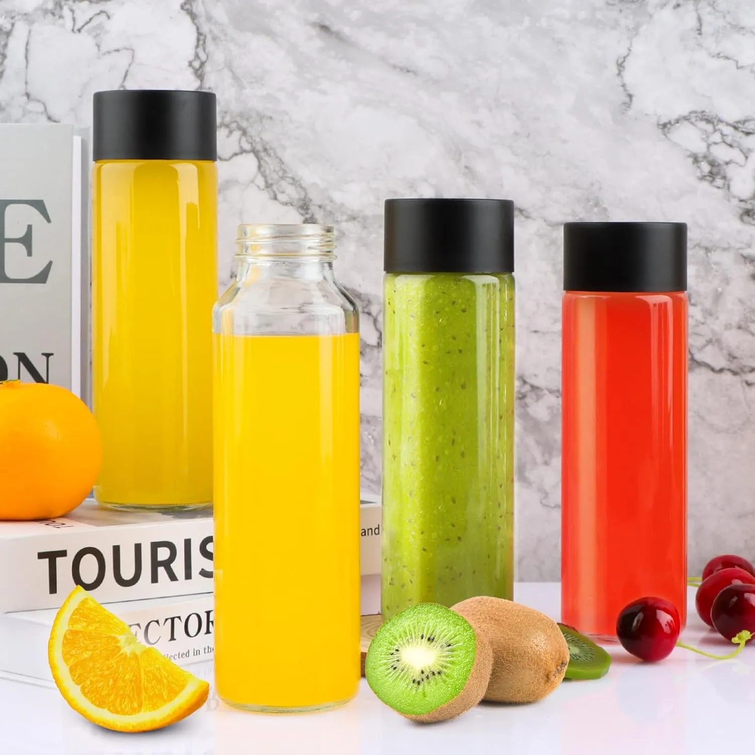 12 Pack 12oz Glass Water Bottles, 350ml Empty Glass Drink Bottles with Black Lids, Brush & Labels, Clear Reusable Juice Bottles for Juicing, Homemade Smoothies, Beverages