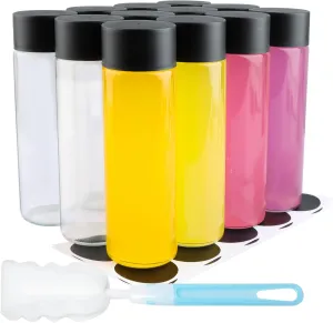 12 Pack 12oz Glass Water Bottles, 350ml Empty Glass Drink Bottles with Black Lids, Brush & Labels, Clear Reusable Juice Bottles for Juicing, Homemade Smoothies, Beverages
