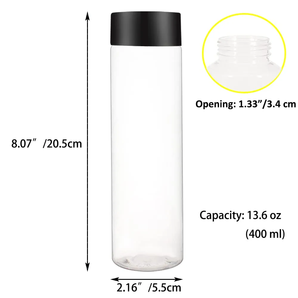 12 Pack 13.6 OZ (400 ml) Clear PET Plastic Juice Bottles With Black Lids Smoothie Ideal For Milk and Other Beverage