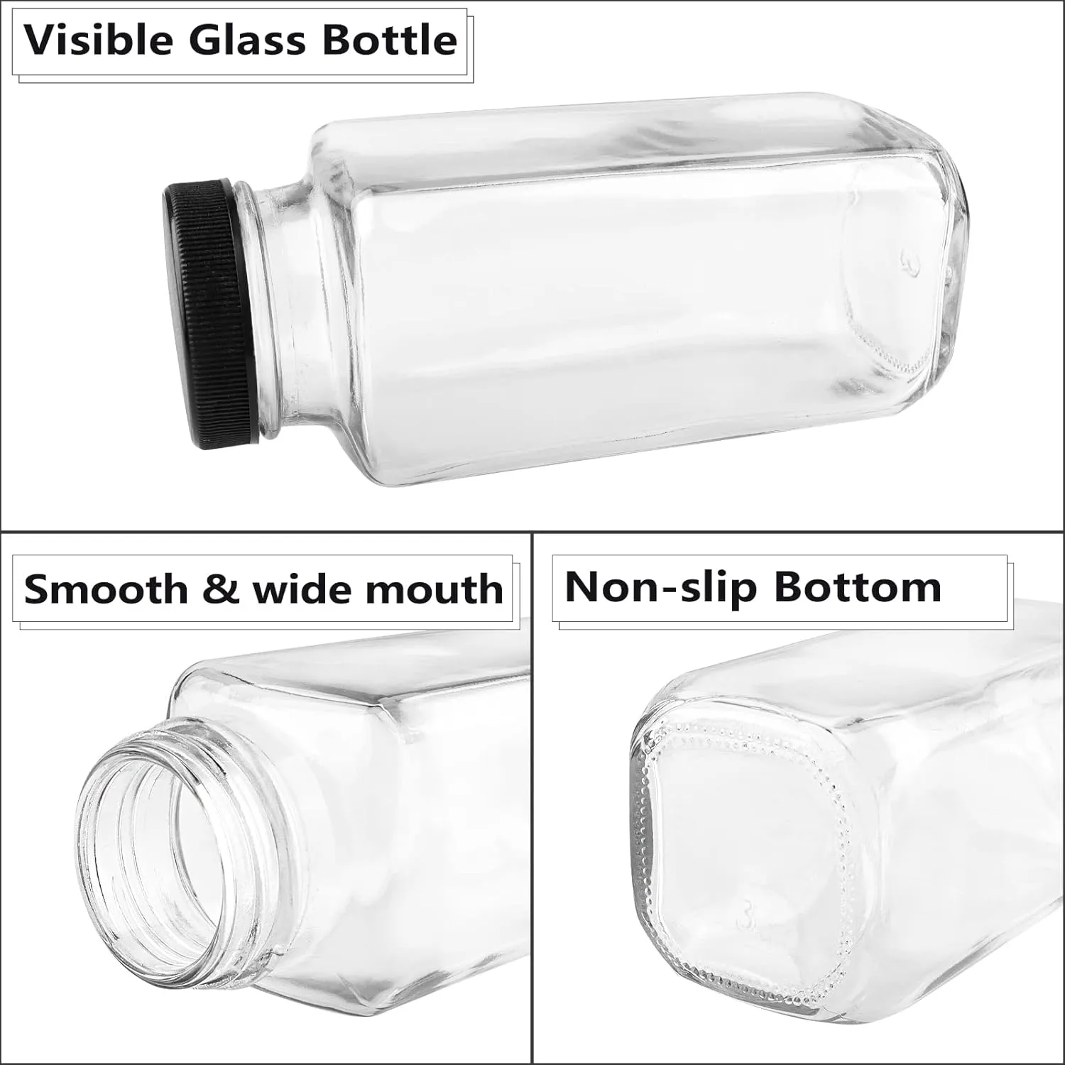 12 Pack Glass Drink Bottles, 8.5 OZ Vintage Square Water Bottles with Lids, Juice Bottles Beverages Containers for Milk, Kombucha, Smoothies