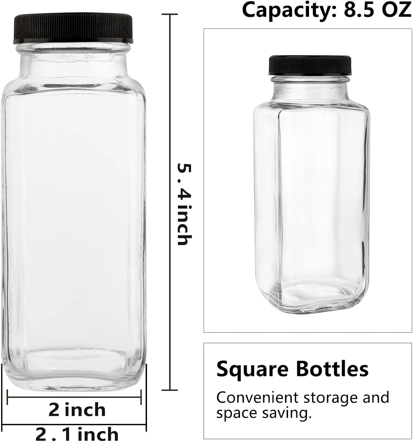12 Pack Glass Drink Bottles, 8.5 OZ Vintage Square Water Bottles with Lids, Juice Bottles Beverages Containers for Milk, Kombucha, Smoothies