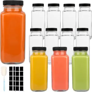 12 Pack Glass Drink Bottles, 8.5 OZ Vintage Square Water Bottles with Lids, Juice Bottles Beverages Containers for Milk, Kombucha, Smoothies
