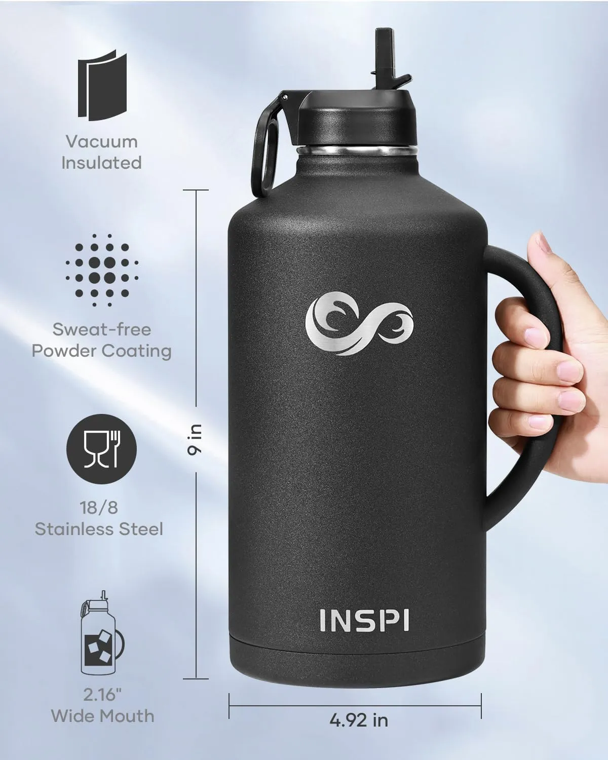 128 oz Gallon Water Bottle with Straw &2 Lids, INSPI Double Wall Vacuum Stainless Steel Metal Large Jug with Handle & Carry Pouch, 100% Leak and Splash Proof, Keep Cold Hot, Black