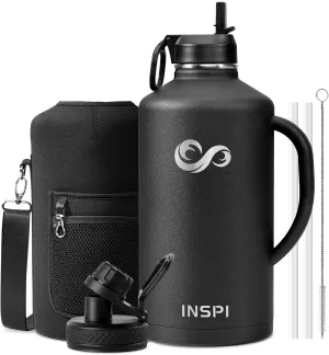 128 oz Gallon Water Bottle with Straw &2 Lids, INSPI Double Wall Vacuum Stainless Steel Metal Large Jug with Handle & Carry Pouch, 100% Leak and Splash Proof, Keep Cold Hot, Black