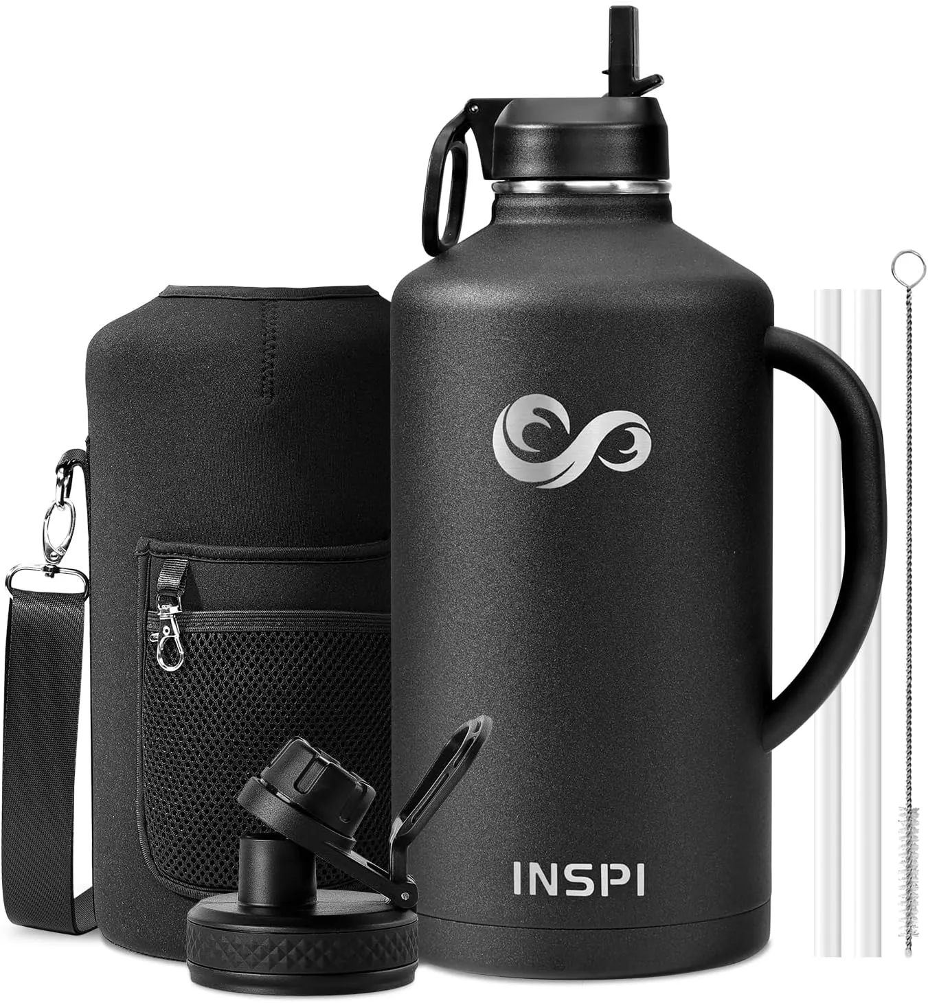 128 oz Gallon Water Bottle with Straw &2 Lids, INSPI Double Wall Vacuum Stainless Steel Metal Large Jug with Handle & Carry Pouch, 100% Leak and Splash Proof, Keep Cold Hot, Black