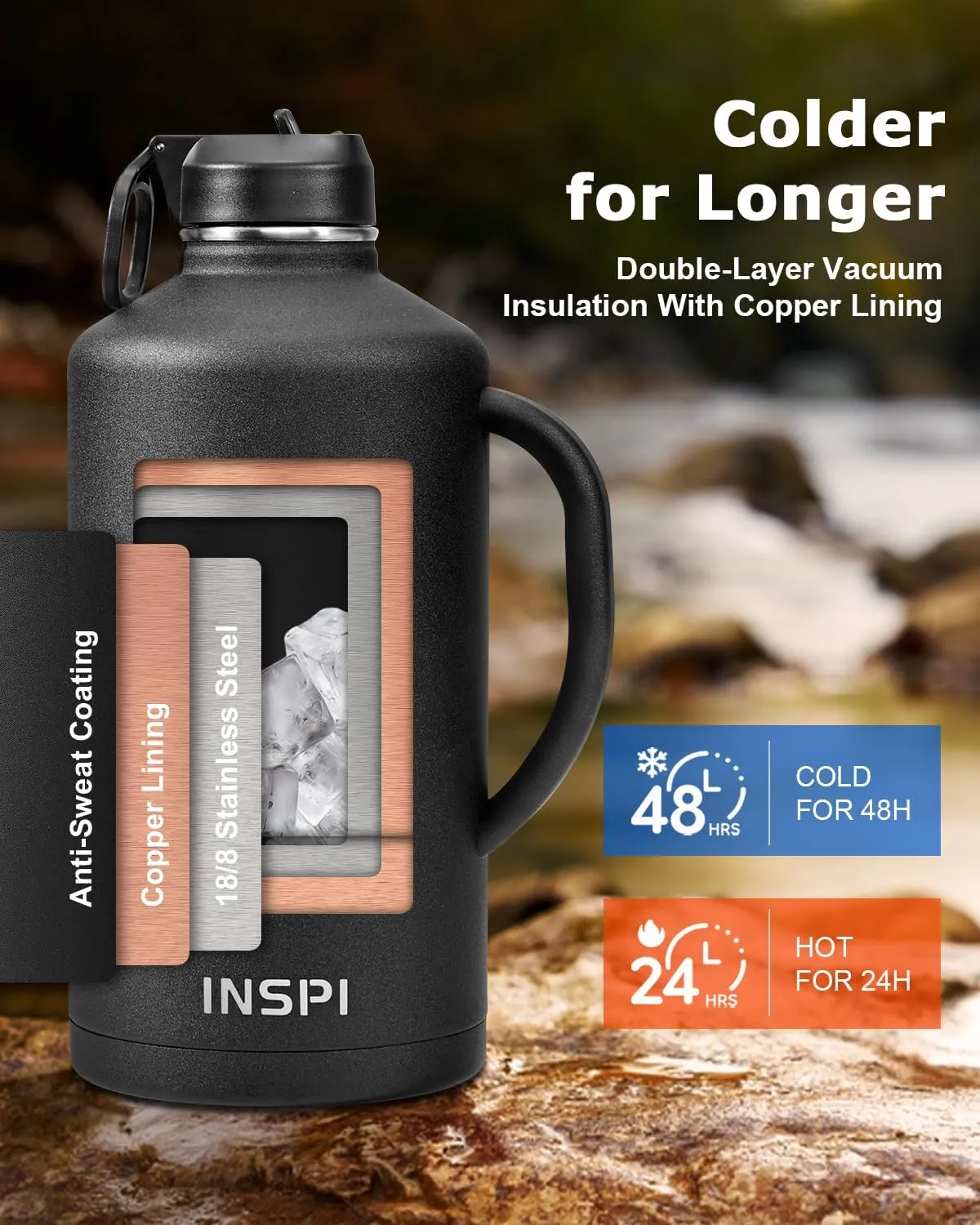 128 oz Gallon Water Bottle with Straw &2 Lids, INSPI Double Wall Vacuum Stainless Steel Metal Large Jug with Handle & Carry Pouch, 100% Leak and Splash Proof, Keep Cold Hot, Black