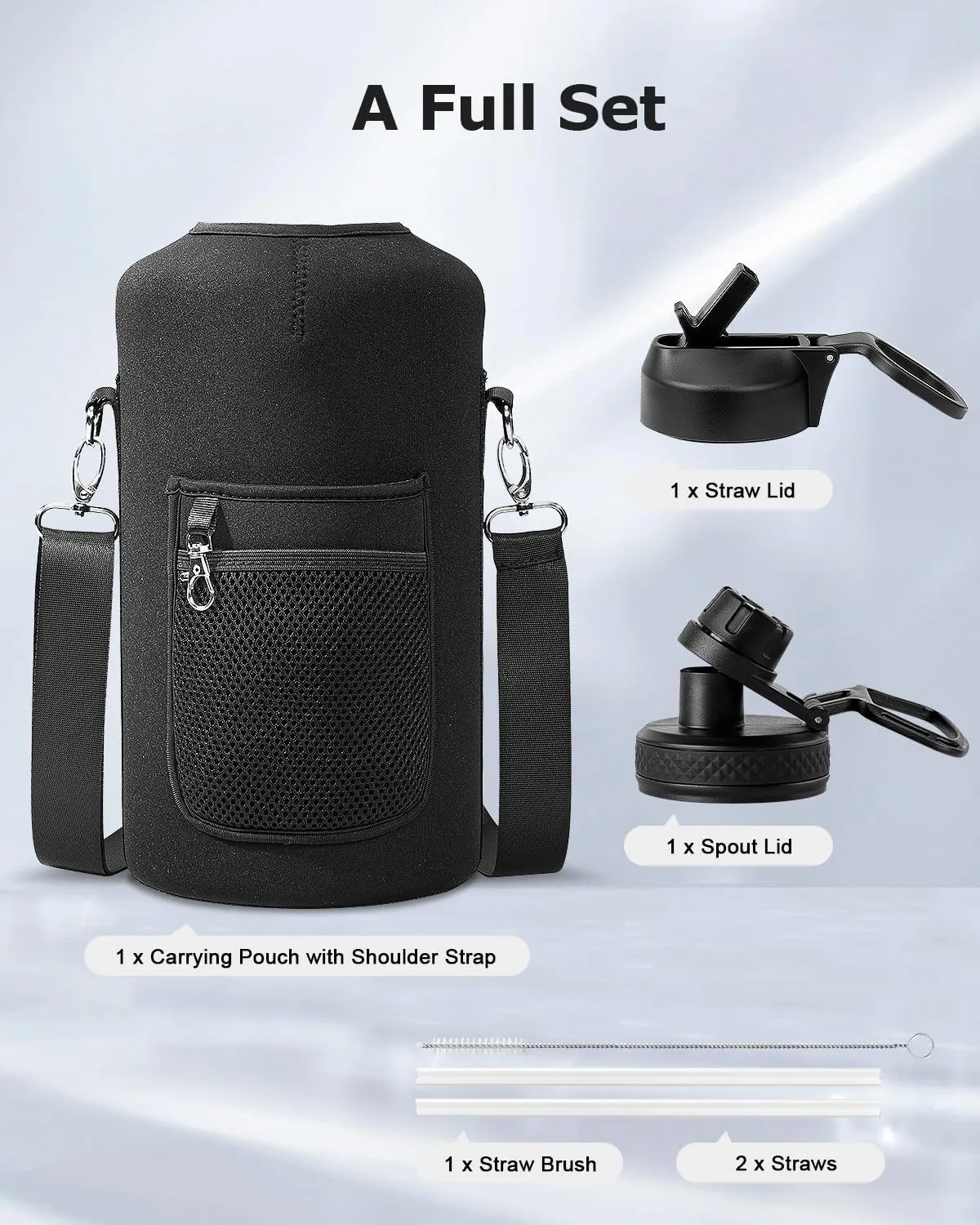128 oz Gallon Water Bottle with Straw &2 Lids, INSPI Double Wall Vacuum Stainless Steel Metal Large Jug with Handle & Carry Pouch, 100% Leak and Splash Proof, Keep Cold Hot, Black