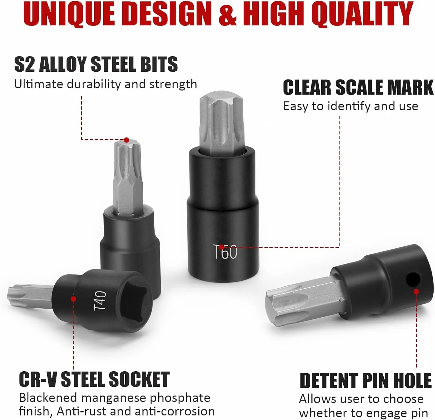 13-Piece Torx Bit Socket Set, 1/4”, 3/8” and 1/2” Drive T8-T60 Star Socket Set, S2 Steel Bits and CR-V Sockets with Storage Case