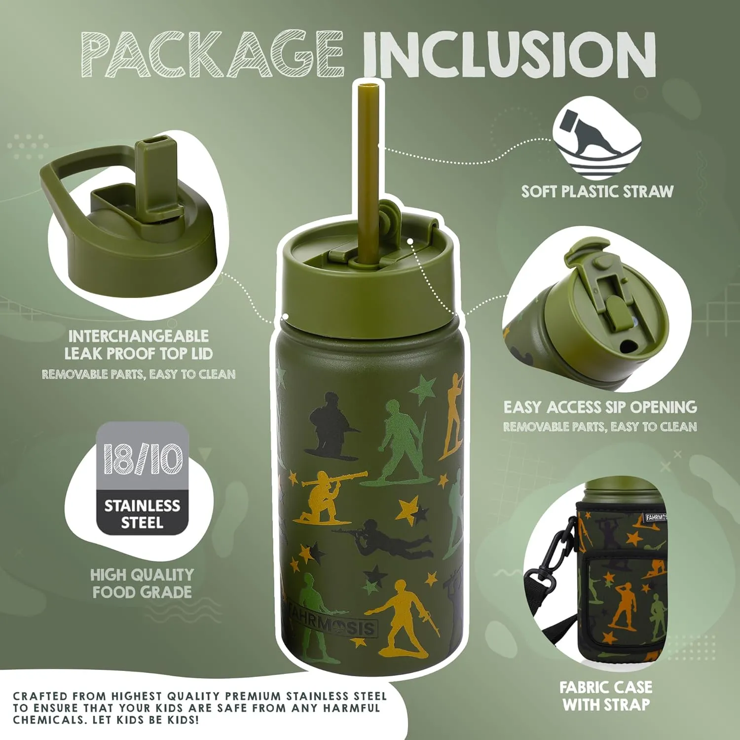 14 OZ Kids Water Bottle with Carrier Bag & Strap Leak Proof Metal Insulated Stainless Steel Tumbler with 2 Lids (Flip & Spout) for School & Sports Water Bottle with Straw - Green (Army)