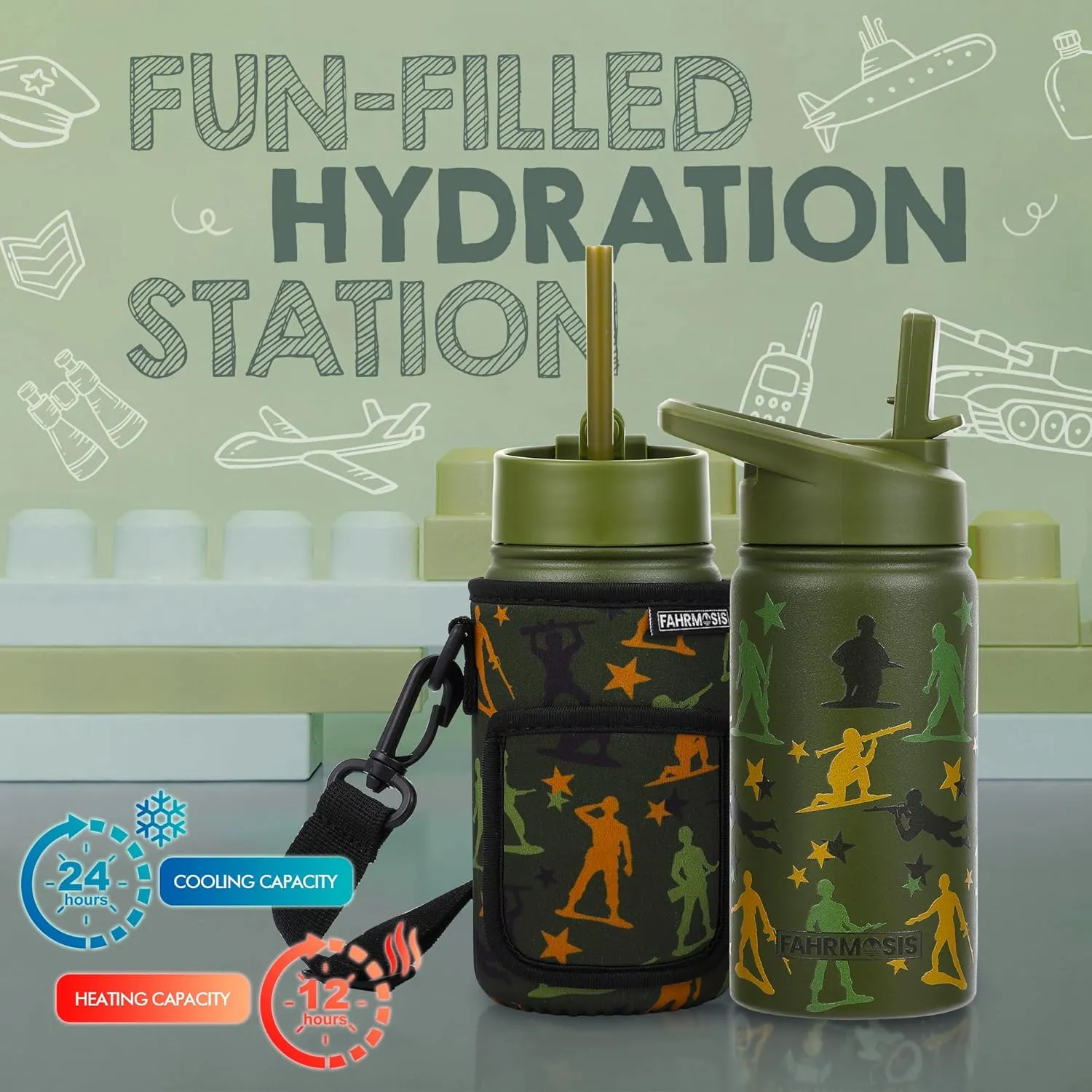 14 OZ Kids Water Bottle with Carrier Bag & Strap Leak Proof Metal Insulated Stainless Steel Tumbler with 2 Lids (Flip & Spout) for School & Sports Water Bottle with Straw - Green (Army)