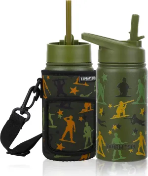 14 OZ Kids Water Bottle with Carrier Bag & Strap Leak Proof Metal Insulated Stainless Steel Tumbler with 2 Lids (Flip & Spout) for School & Sports Water Bottle with Straw - Green (Army)
