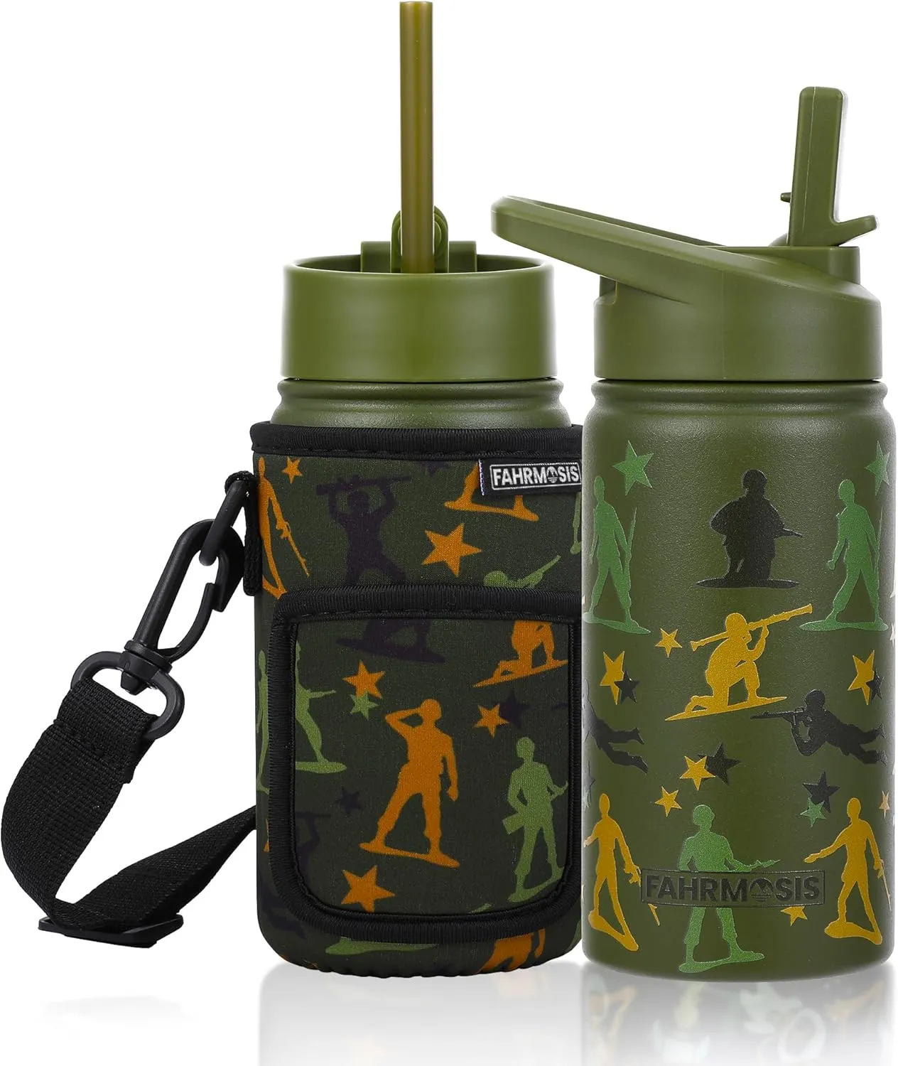 14 OZ Kids Water Bottle with Carrier Bag & Strap Leak Proof Metal Insulated Stainless Steel Tumbler with 2 Lids (Flip & Spout) for School & Sports Water Bottle with Straw - Green (Army)