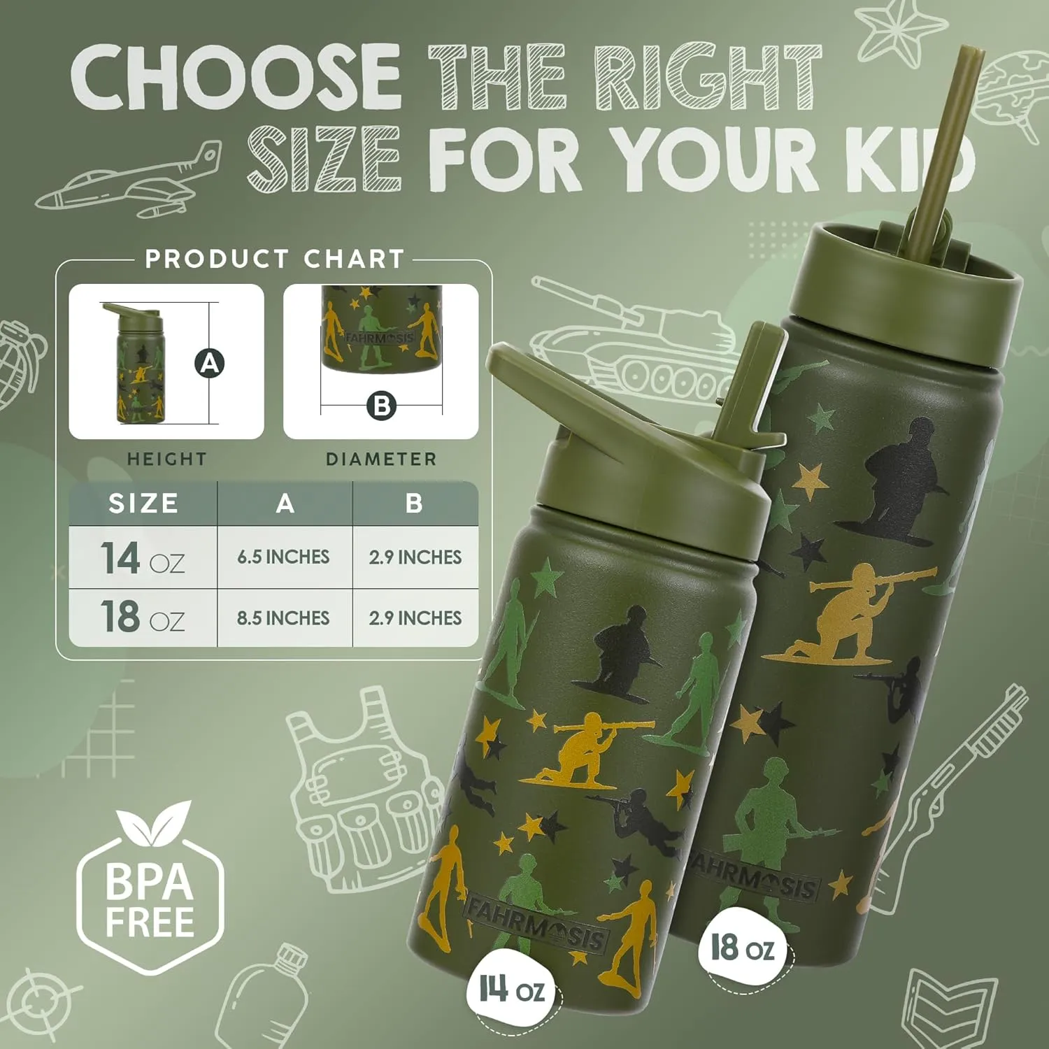 14 OZ Kids Water Bottle with Carrier Bag & Strap Leak Proof Metal Insulated Stainless Steel Tumbler with 2 Lids (Flip & Spout) for School & Sports Water Bottle with Straw - Green (Army)