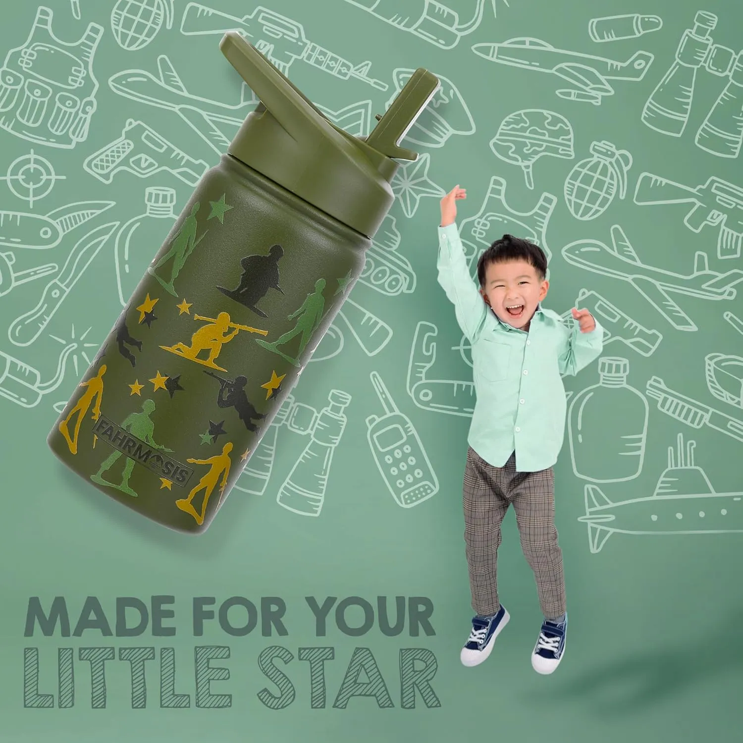 14 OZ Kids Water Bottle with Carrier Bag & Strap Leak Proof Metal Insulated Stainless Steel Tumbler with 2 Lids (Flip & Spout) for School & Sports Water Bottle with Straw - Green (Army)