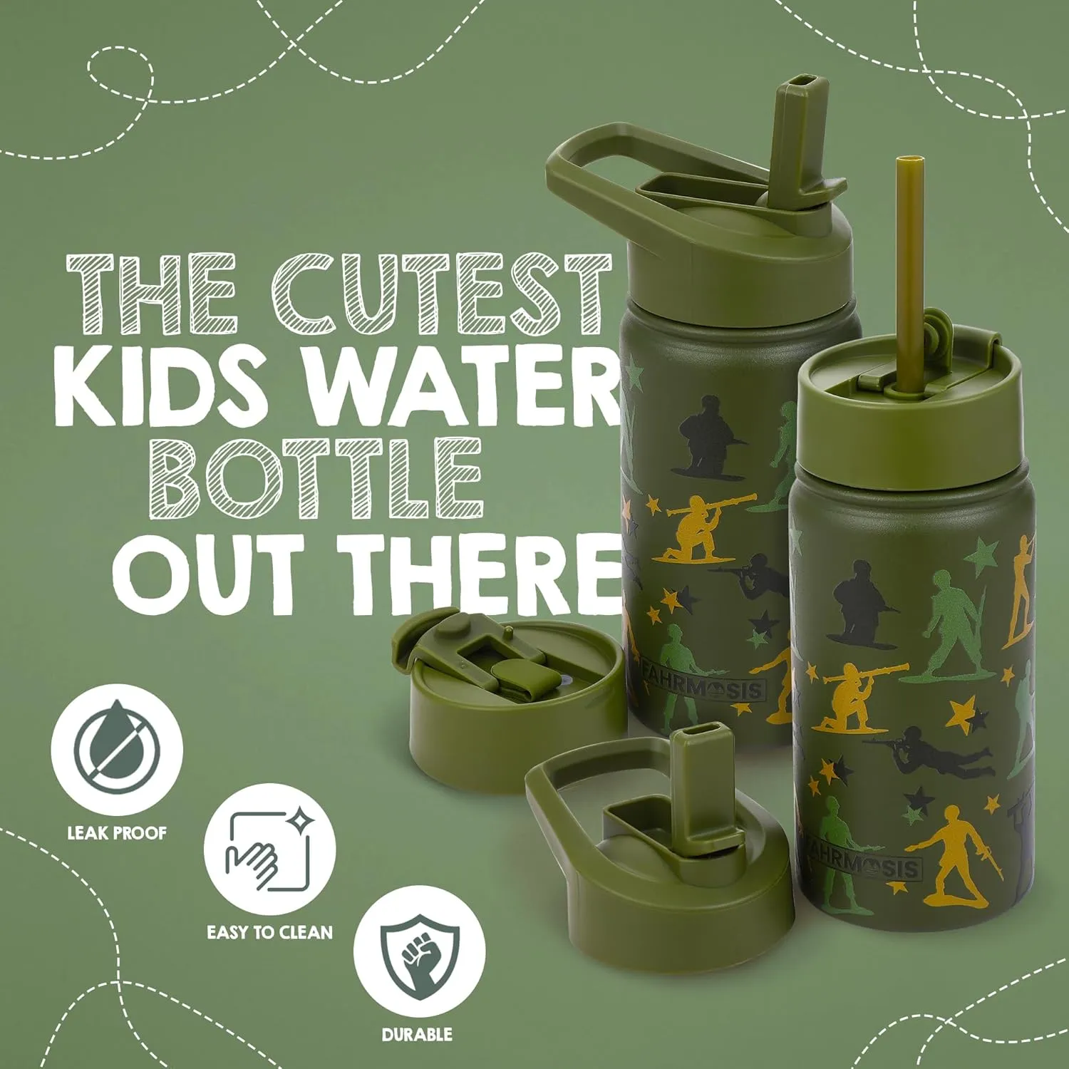 14 OZ Kids Water Bottle with Carrier Bag & Strap Leak Proof Metal Insulated Stainless Steel Tumbler with 2 Lids (Flip & Spout) for School & Sports Water Bottle with Straw - Green (Army)