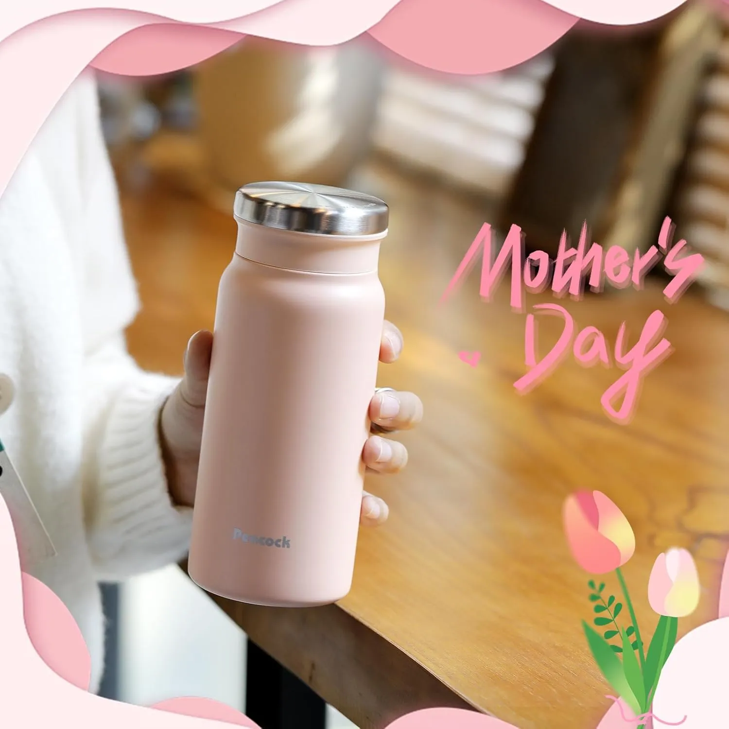 14oz Coffee Thermos Stainless Steel Travel Coffee Mug Vacuum Insulated Tumbler Double Wall Water Bottle, Leak Proof No Handle for Office, Back to School(Sakura Pink)
