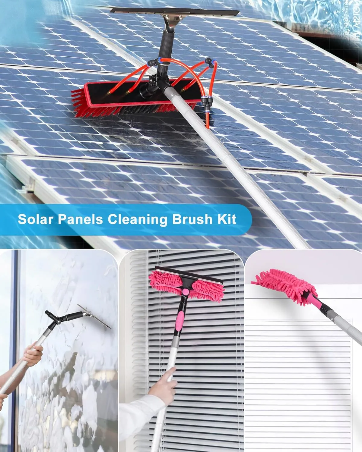 16.5ft Solar Panel Cleaning Brush & Squeegee, 2 Dusting Brush, Lightweight & Extendable Poles, Water Fed Poles Kit, Upgrade Window Washing Equipment