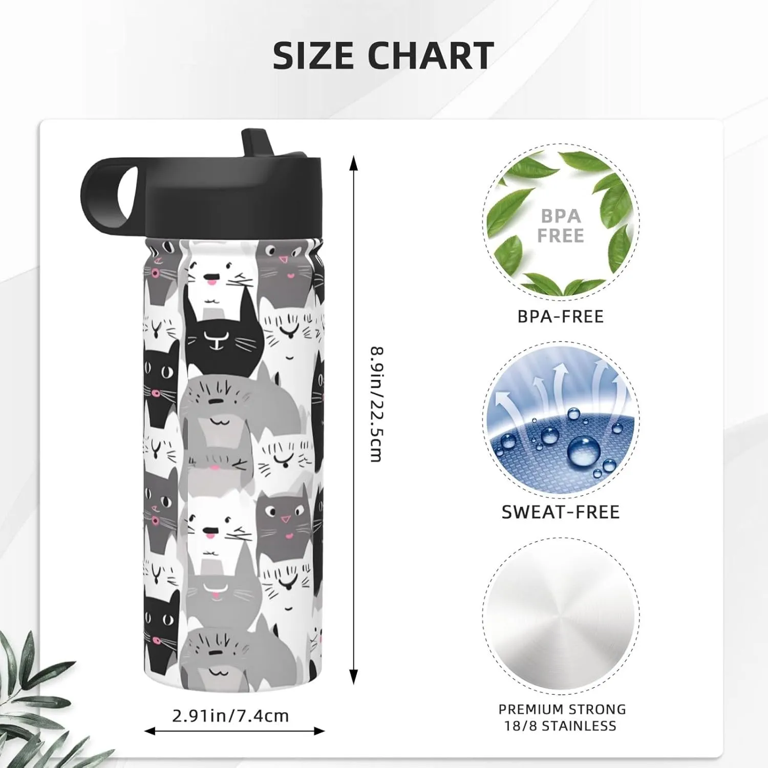 18oz Cute Cat Insulated Water Bottles With Straw, Cartoon Kitten Steel Double Walled Vacuum Sports Water Bottle for Travel