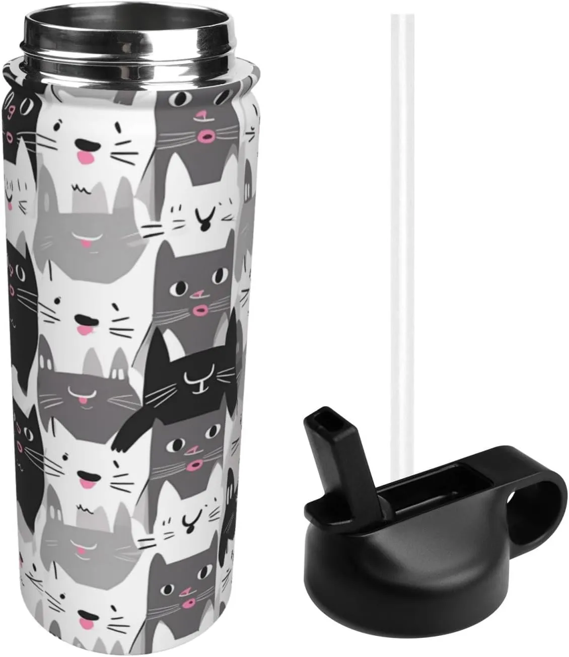 18oz Cute Cat Insulated Water Bottles With Straw, Cartoon Kitten Steel Double Walled Vacuum Sports Water Bottle for Travel