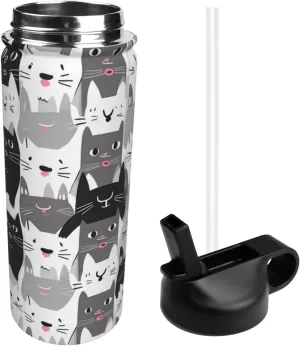 18oz Cute Cat Insulated Water Bottles With Straw, Cartoon Kitten Steel Double Walled Vacuum Sports Water Bottle for Travel