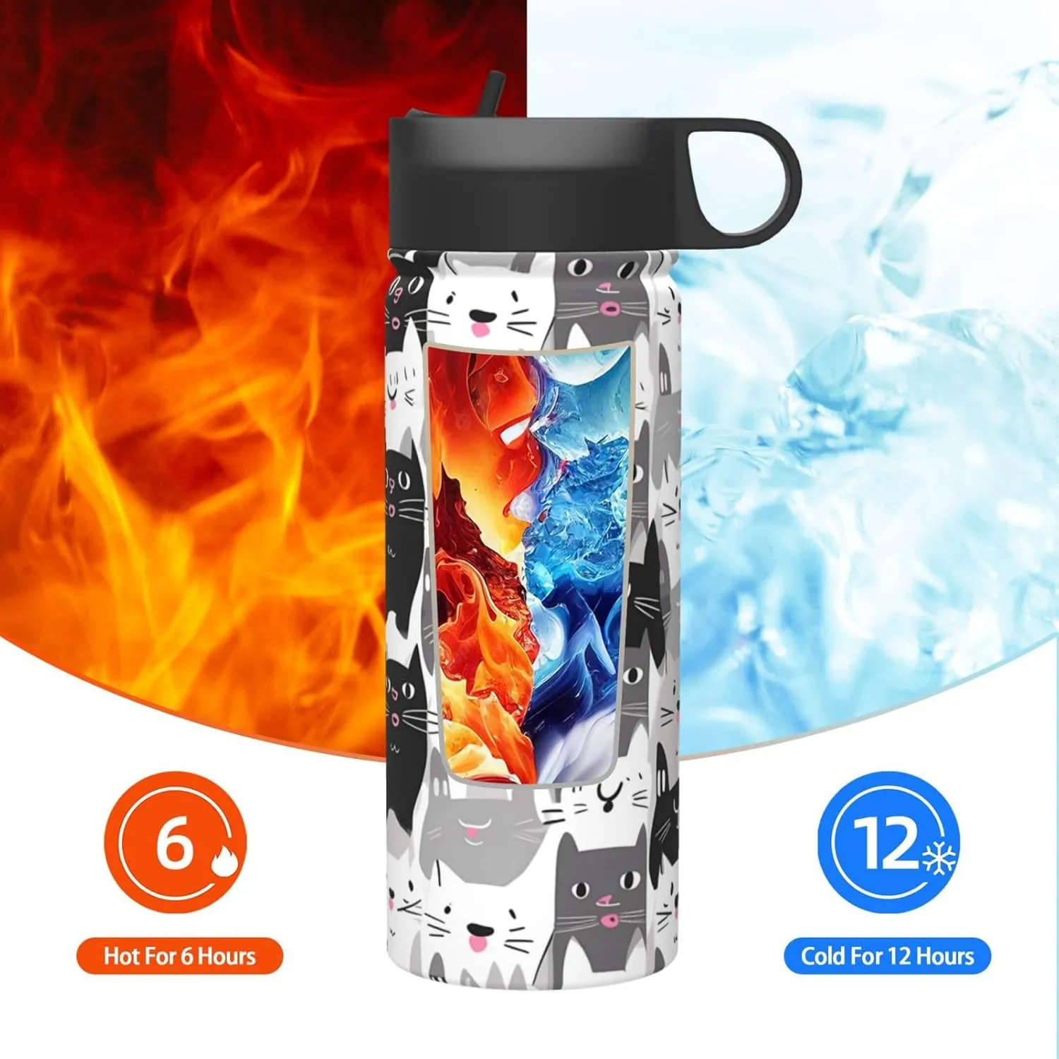 18oz Cute Cat Insulated Water Bottles With Straw, Cartoon Kitten Steel Double Walled Vacuum Sports Water Bottle for Travel
