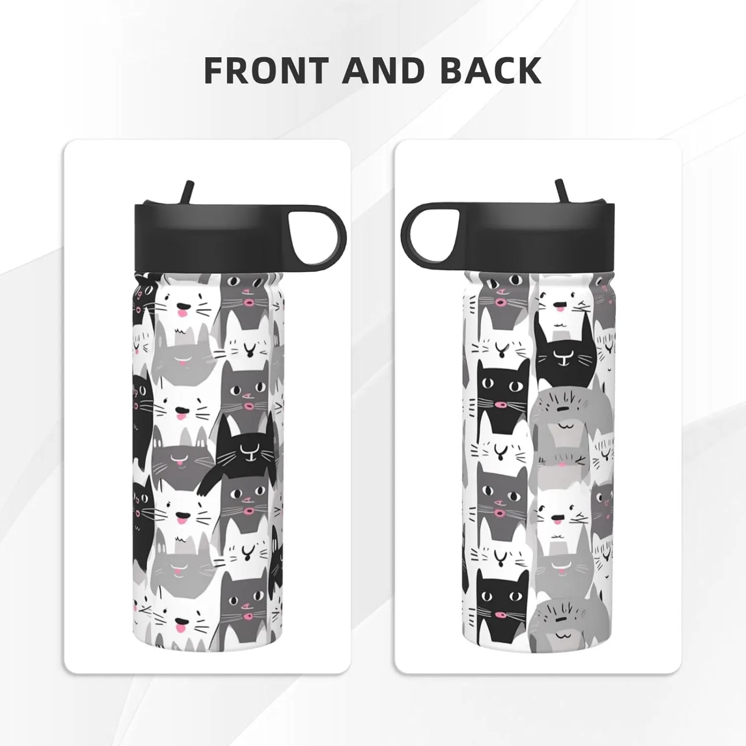 18oz Cute Cat Insulated Water Bottles With Straw, Cartoon Kitten Steel Double Walled Vacuum Sports Water Bottle for Travel