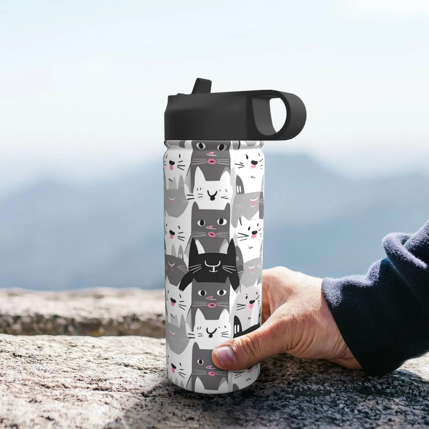 18oz Cute Cat Insulated Water Bottles With Straw, Cartoon Kitten Steel Double Walled Vacuum Sports Water Bottle for Travel