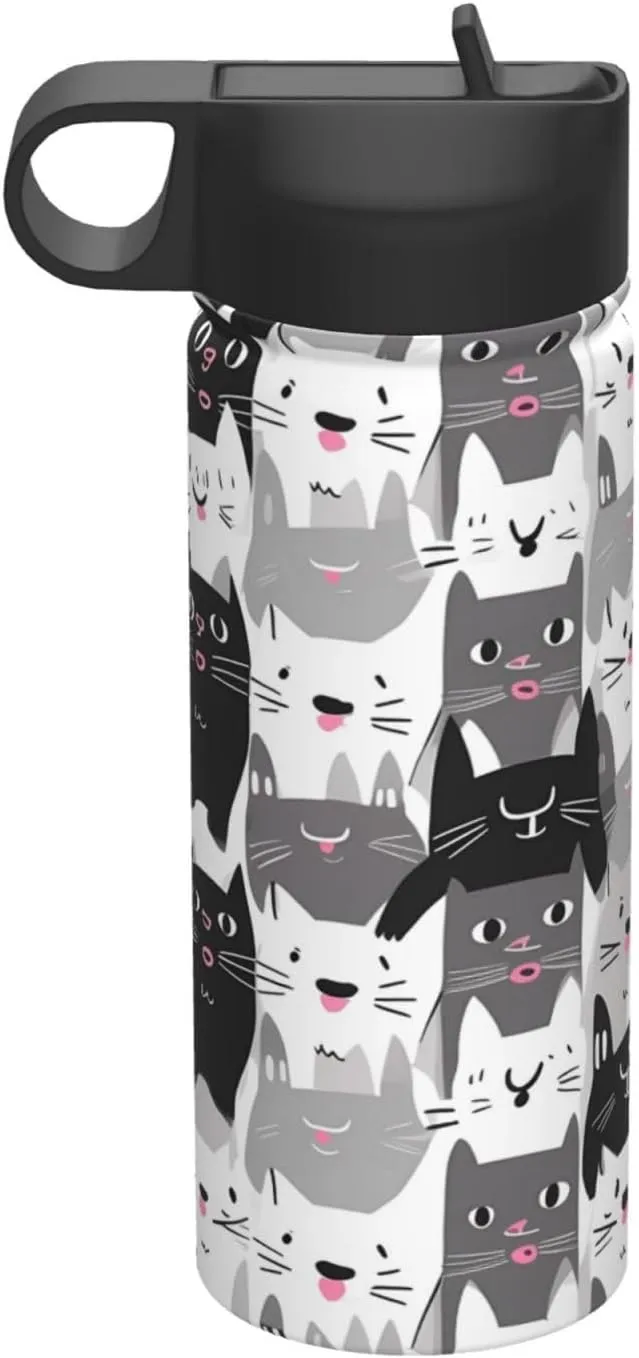 18oz Cute Cat Insulated Water Bottles With Straw, Cartoon Kitten Steel Double Walled Vacuum Sports Water Bottle for Travel